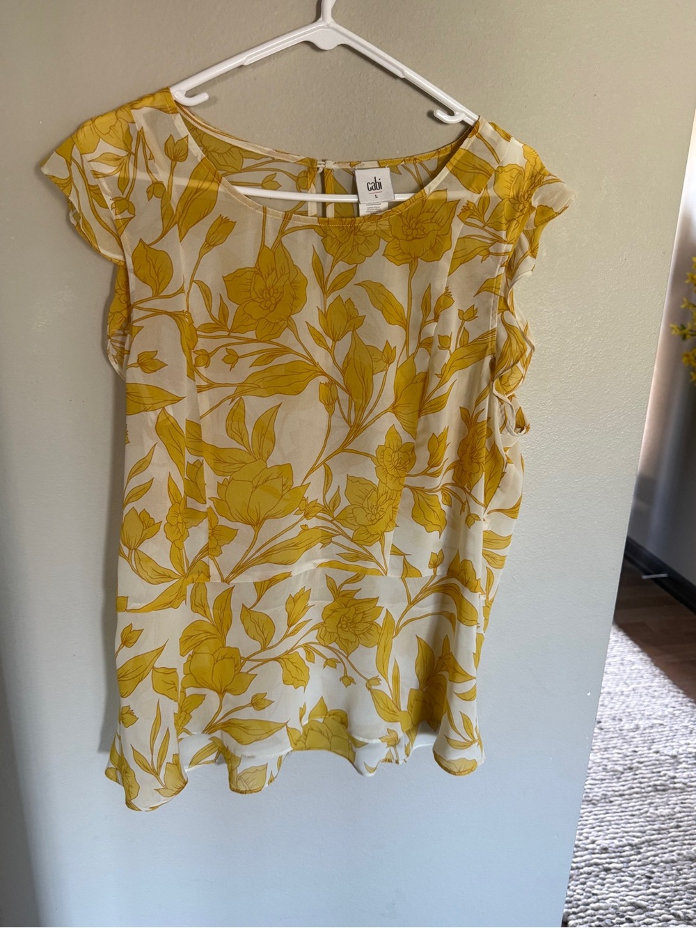 CAbi White Blouse with Yellow Floral Print - Cap Sleeve